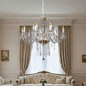 Đèn chùm tay nến – thủy tinh trong, phối kim loại si vàng DC-2016