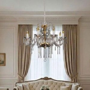 Đèn chùm tay nến – thủy tinh trong, phối kim loại si vàng DC-2016