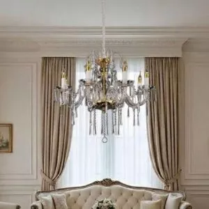 Đèn chùm tay nến – thủy tinh trong, phối kim loại si vàng DC-2016