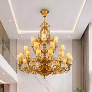 Đèn chùm thả thông tầng-sảnh Đồng nguyên chất phối chụp vải cao cấp, thiết kế tân cổ điển DC-313