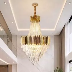 Đèn trang trí thông tầng – sảnh, kim loại phối thẻ pha lê cao cấp DTT-112