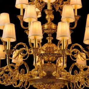 Đèn chùm thả thông tầng-sảnh Đồng nguyên chất phối chụp vải cao cấp, thiết kế tân cổ điển DC-313