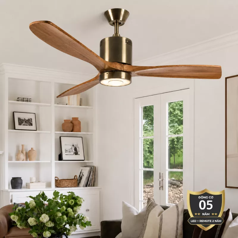Quạt trần đèn cánh gỗ nâu hiện đại QT-101