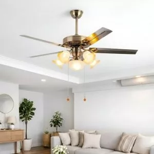 Quạt trần đèn, 5 cánh kim loại, thiết kế chao đá cổ điển QT-179