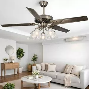 Quạt trần đèn, 5 cánh kim loại màu Bạc, thiết kế chao đá cổ điển QT-180