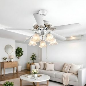 Quạt trần đèn, 5 cánh gỗ, thiết kế chao đá cổ điển QT-182