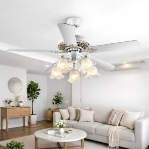 Quạt trần đèn, 5 cánh gỗ, thiết kế chao đá cổ điển QT-182