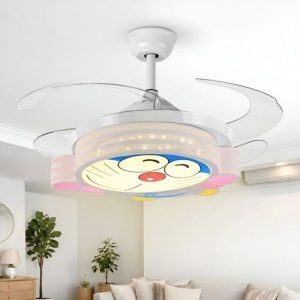 Quạt trần đèn, cánh xếp, thiết kế hiện đại hình Doremon cho phòng bé QT-185