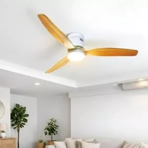Quạt trần 3 cánh gỗ màu nâu sáng, tích hợp đèn LED, thiết kế hiện đại QT-187