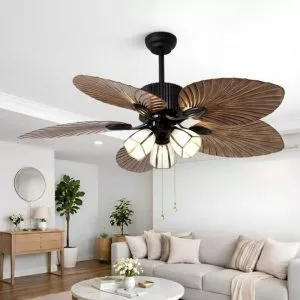 Quạt trần thiết kế 5 cánh lá cọ tích hợp đèn led nghệ thuật QT-190