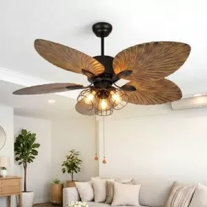 Quạt trần thiết kế 5 cánh lá cọ tích hợp đèn led nghệ thuật QT-192