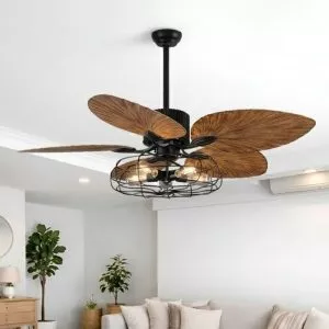 Quạt trần đèn 5 cánh lá cọ thiết kế Retro nghệ thuật QT-193