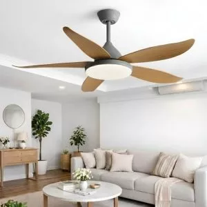 Quạt Trần Đèn, Thân Xám,Cánh Nhựa Màu Giả Gỗ Hiện Đại QT-202