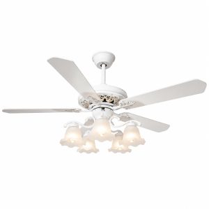 Quạt trần đèn, 5 cánh gỗ, thiết kế chao đá cổ điển QT-182