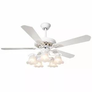 Quạt trần đèn, 5 cánh gỗ, thiết kế chao đá cổ điển QT-182