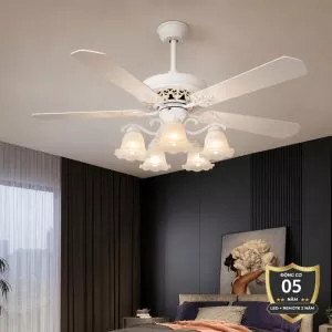 Quạt trần đèn, 5 cánh gỗ, thiết kế chao đá cổ điển QT-182