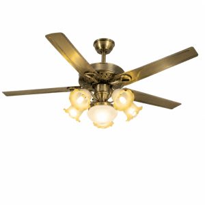 Quạt trần đèn, 5 cánh kim loại, thiết kế chao đá cổ điển QT-179