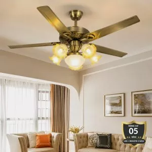 Quạt trần đèn, 5 cánh kim loại, thiết kế chao đá cổ điển QT-179