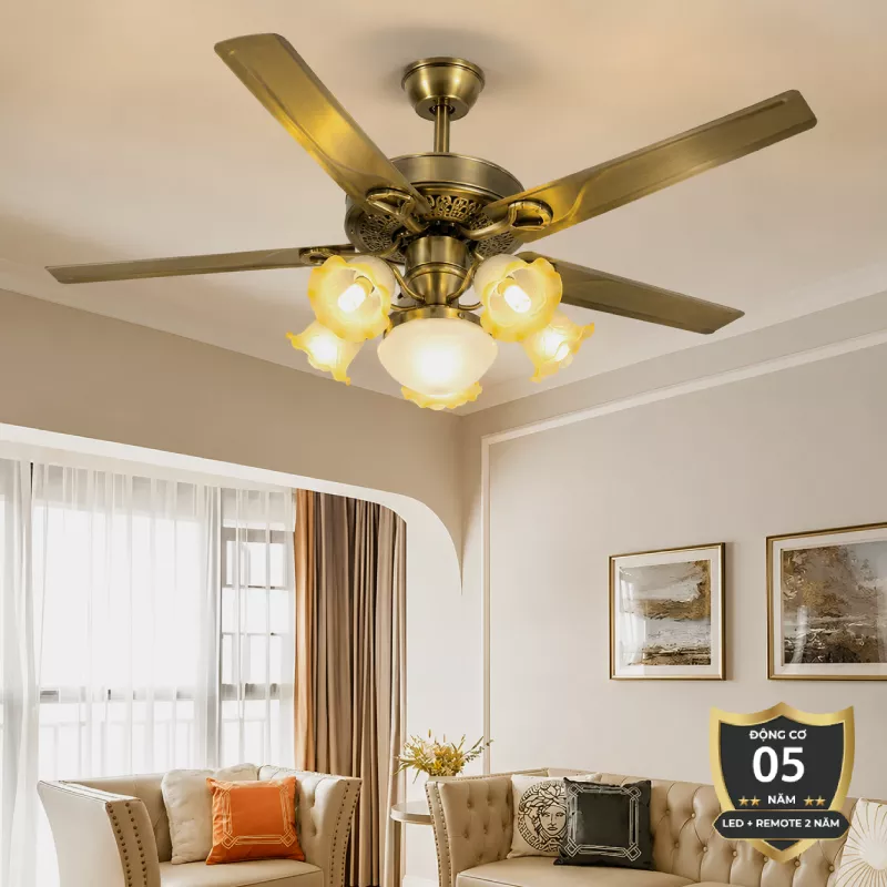Quạt trần đèn, 5 cánh kim loại, thiết kế chao đá cổ điển QT-179