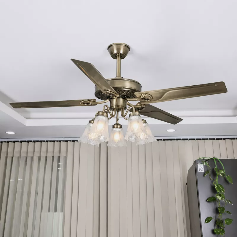 Quạt trần đèn, 5 cánh kim loại thiết kế chao đá cổ điển QT-180 - Hình ảnh 3