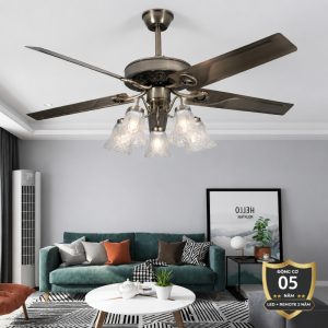 Quạt trần đèn, 5 cánh kim loại thiết kế chao đá cổ điển QT-180