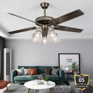 Quạt trần đèn, 5 cánh kim loại thiết kế chao đá cổ điển QT-180