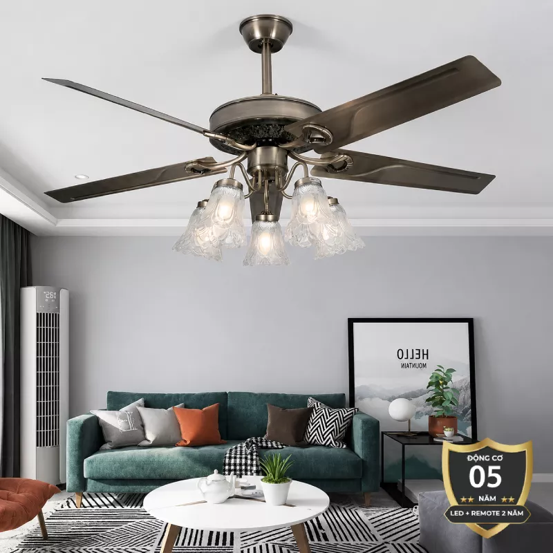 Quạt trần đèn, 5 cánh kim loại thiết kế chao đá cổ điển QT-180