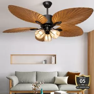 Quạt trần thiết kế 5 cánh lá cọ tích hợp đèn led nghệ thuật QT-190