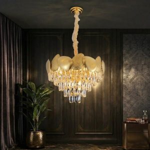 Đèn chùm phale, kiểu tròn, thân inox si vàng phối phale trắng cao cấp DC-401