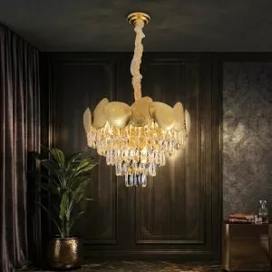 Đèn chùm phale, kiểu tròn, thân inox si vàng phối phale trắng cao cấp DC-401