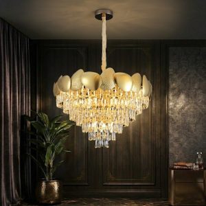 Đèn chùm phale, kiểu tròn, thân inox si vàng phối phale trắng cao cấp DC-401