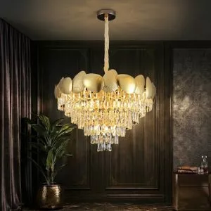 Đèn chùm phale, kiểu tròn, thân inox si vàng phối phale trắng cao cấp DC-401