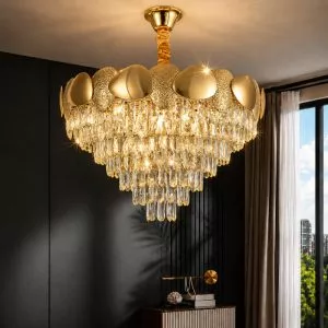 Đèn chùm phale, kiểu tròn, thân inox si vàng phối phale trắng cao cấp DC-401