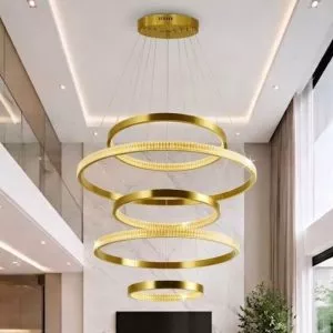 Đèn gắn trần phòng khách-thông tầng, 5 Vòng inox vàng cao cấp DC-145