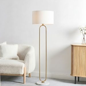 Đèn cây hiện đại, chụp vải trắng, thân kim loại si vàng-đồng cao cấp DC-207