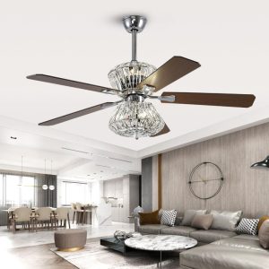 Quạt trần 5 cánh gỗ – trang trí đèn pha lê sang trọng QT-45