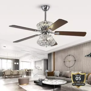 Quạt trần 5 cánh gỗ – trang trí đèn pha lê sang trọng QT-45