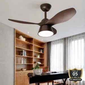 Quạt trần đèn thiết kế 3 cánh nhựa màu nâu tối giản, hiện đại QT-205