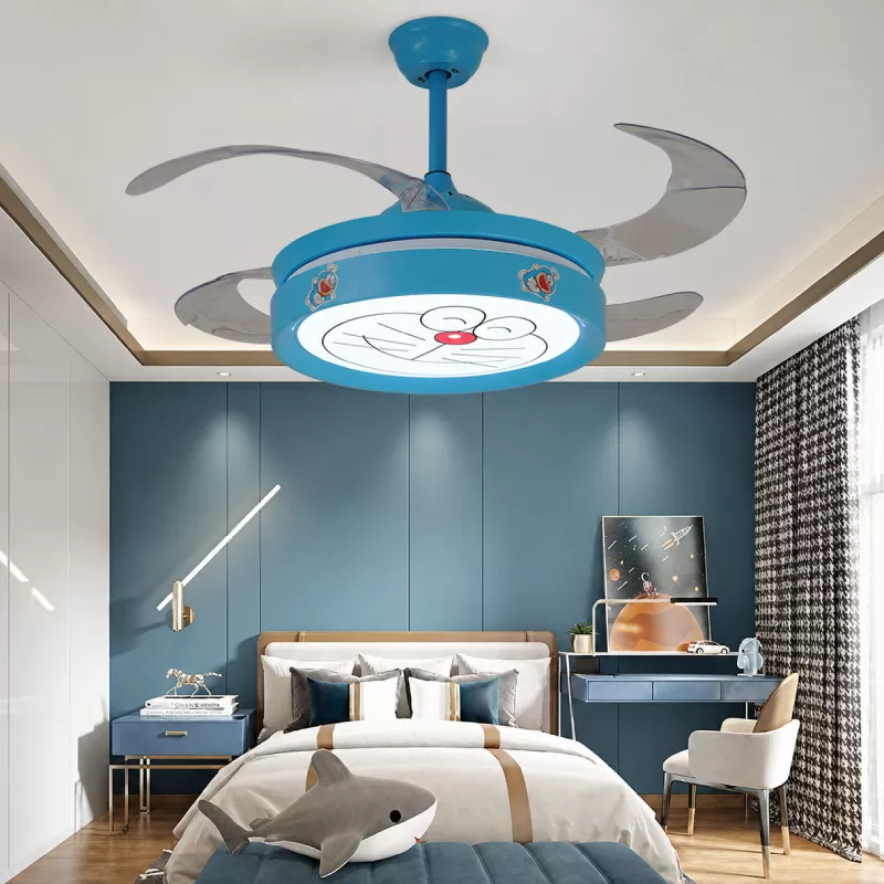 Quạt trần đèn thiết kế 4 cánh màu xanh họa tiết dễ thương cho bé QT-83