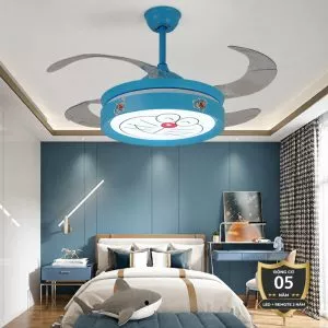 Quạt trần đèn thiết kế 4 cánh màu xanh họa tiết dễ thương cho bé QT-83