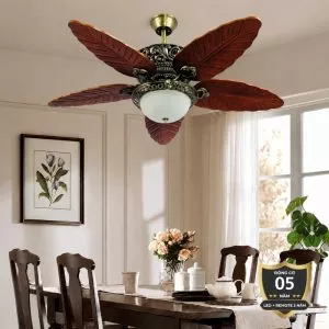 Quạt trần đèn thiết kế 5 cánh gỗ hình lá nghệ thuật QT-79