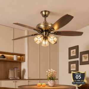 Quạt trần đèn thiết kế 5 cánh gỗ phong cách cổ điển QT-216
