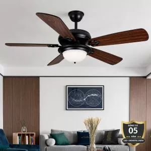 Quạt trần đèn thiết kế 5 cánh gỗ phong cách cổ điển QT-228