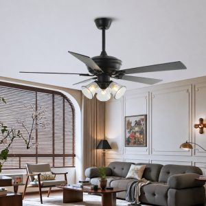 Quạt trần đèn thiết kế 5 cánh gỗ, phong cách cổ điển QT-44