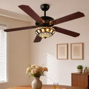 Quạt trần đèn thiết kế 5 cánh gỗ phong cách cổ điển QT-96