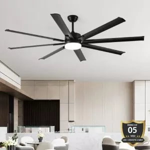 Quạt trần đèn thiết kế 8 cánh kim loại màu đen tối giản, hiện đại QT-243