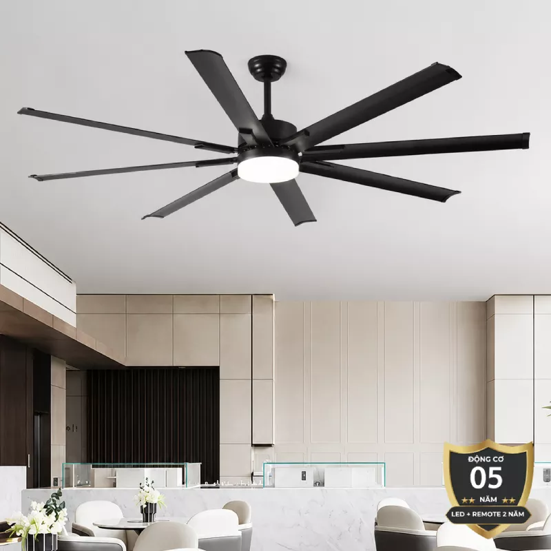Quạt trần đèn thiết kế 8 cánh kim loại màu đen tối giản, hiện đại QT-243