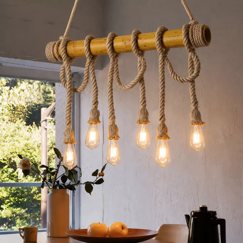 Đèn thả decor - thiết kế ống tre ngang quấn dây thừng TDC-101