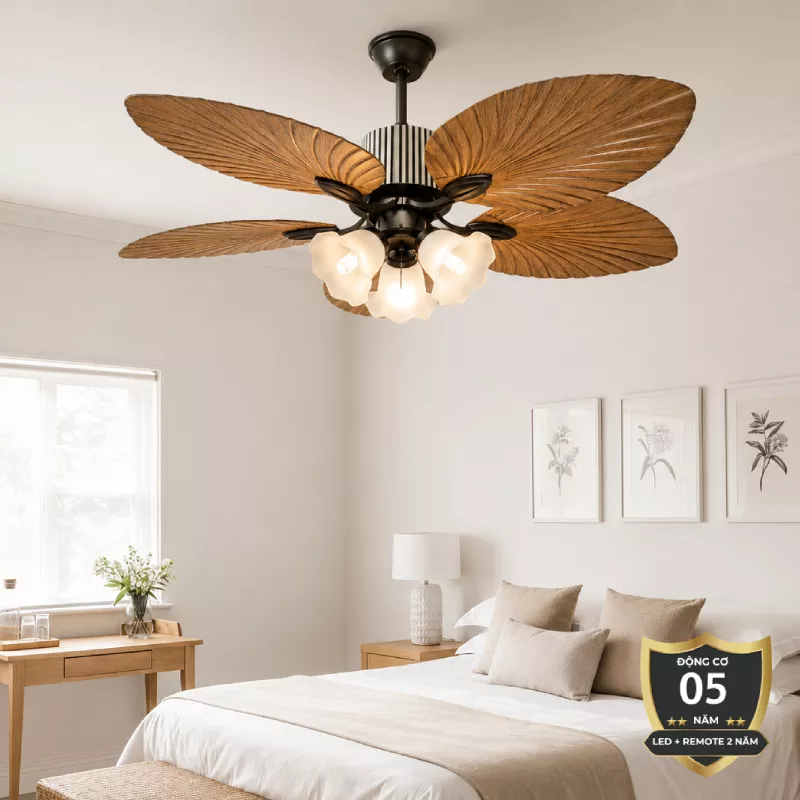 Quạt trần đèn 5 cánh thiết kế hình lá phong cách cổ điển QT-256