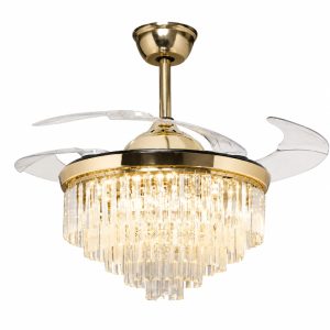 Quạt trần đèn, cánh xếp, phối khung pha lê cao cấp QT-279